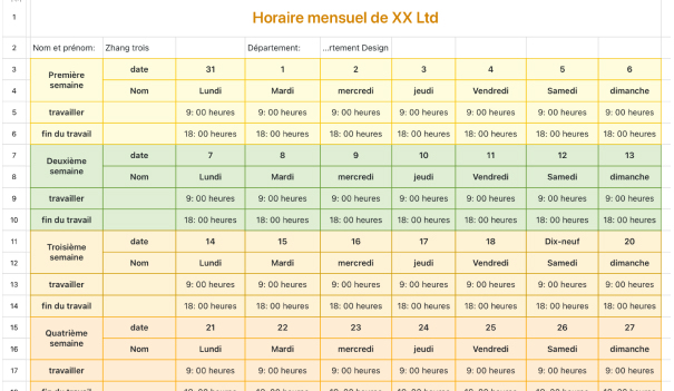 Calendrier mensuel de l'entreprise